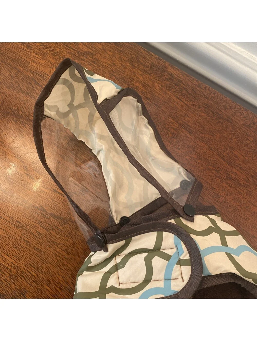 Little Dog Tan/Blue/Brown Raincoat With Protective Hood Size Small 11”